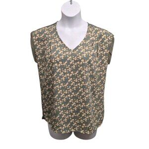 Papermoon Sleeveless Top Medium Sage Green Floral Print V Neck Blouse Casual